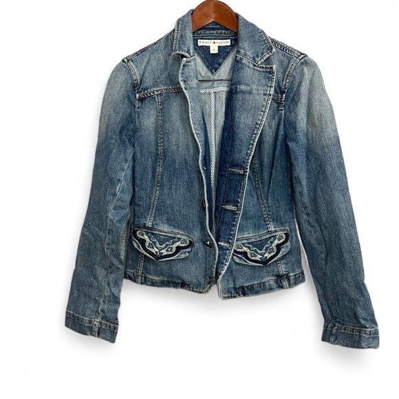 Tommy Hilfiger Jean Jacket Women M Blue Cropped Medium Wash Button Up Denim - Picture 1 of 11